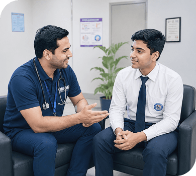 A healthcare professional speaking with a student