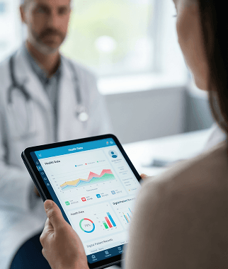 Patient viewing a digital health profile on a tablet